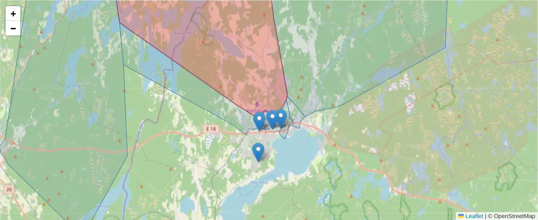 Karta över postnummerområdet  och angränsande postnummer i Sverige