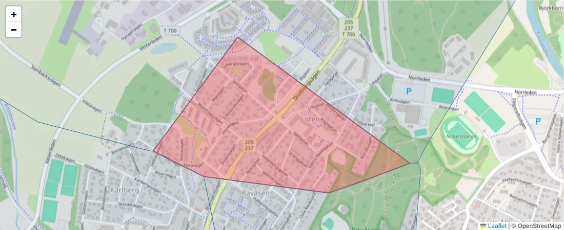 Karta över postnummerområdet  och angränsande postnummer i Sverige