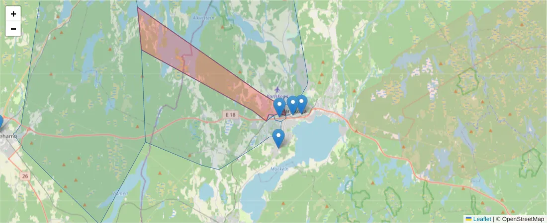 Karta över postnummerområdet  och angränsande postnummer i Sverige