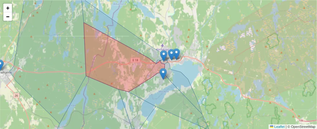 Karta över postnummerområdet  och angränsande postnummer i Sverige