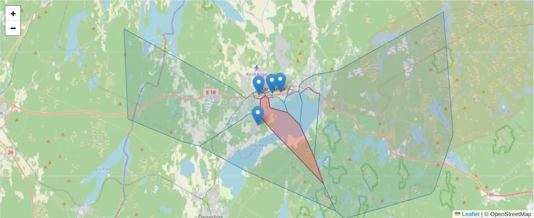 Karta över postnummerområdet  och angränsande postnummer i Sverige