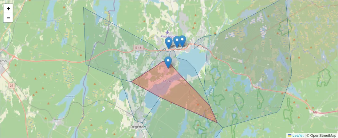 Karta över postnummerområdet  och angränsande postnummer i Sverige