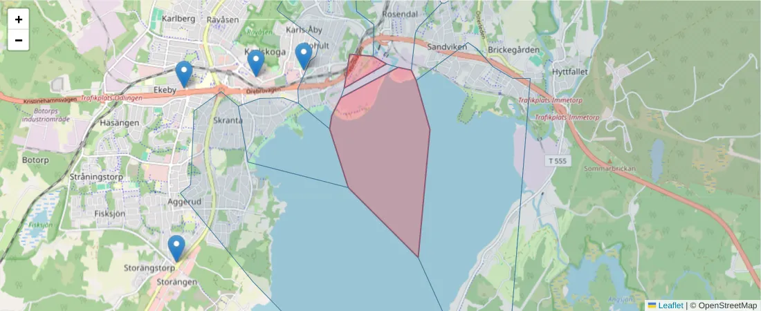 Karta över postnummerområdet  och angränsande postnummer i Sverige