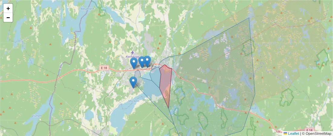 Karta över postnummerområdet  och angränsande postnummer i Sverige
