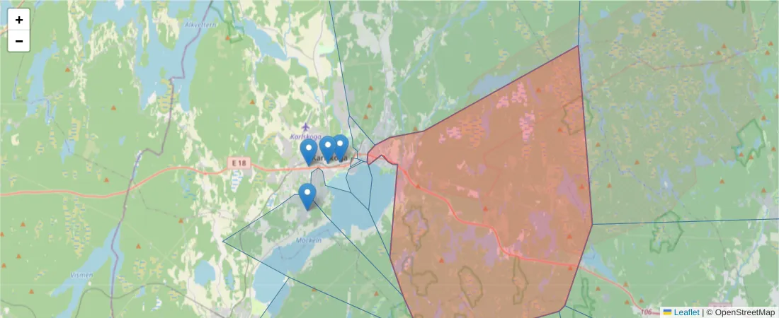 Karta över postnummerområdet  och angränsande postnummer i Sverige