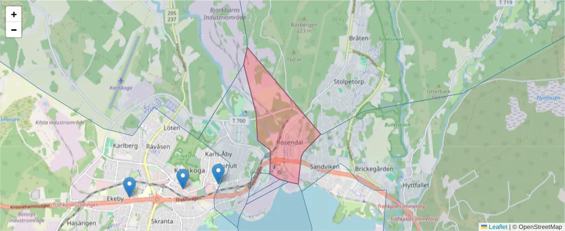 Karta över postnummerområdet  och angränsande postnummer i Sverige