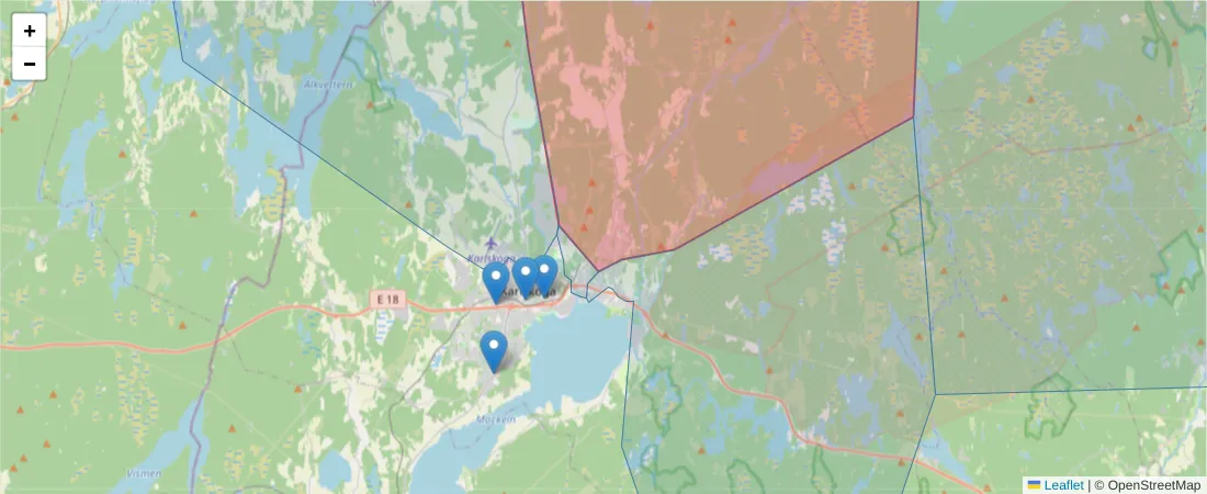 Karta över postnummerområdet  och angränsande postnummer i Sverige