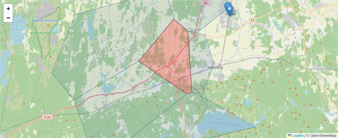 Karta över postnummerområdet  och angränsande postnummer i Sverige