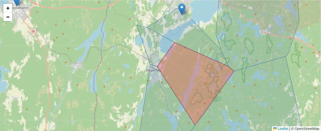 Karta över postnummerområdet  och angränsande postnummer i Sverige