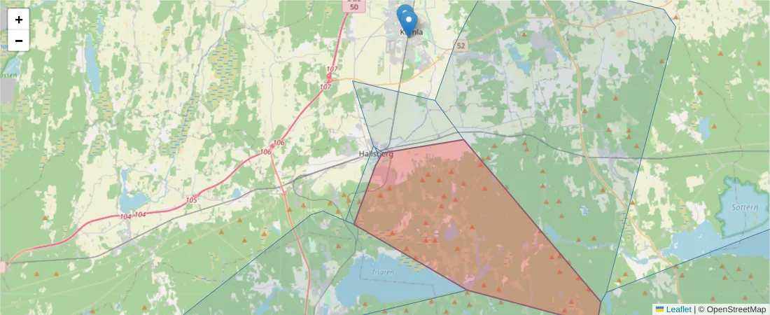 Karta över postnummerområdet  och angränsande postnummer i Sverige