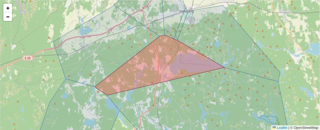 Karta över postnummerområdet  och angränsande postnummer i Sverige