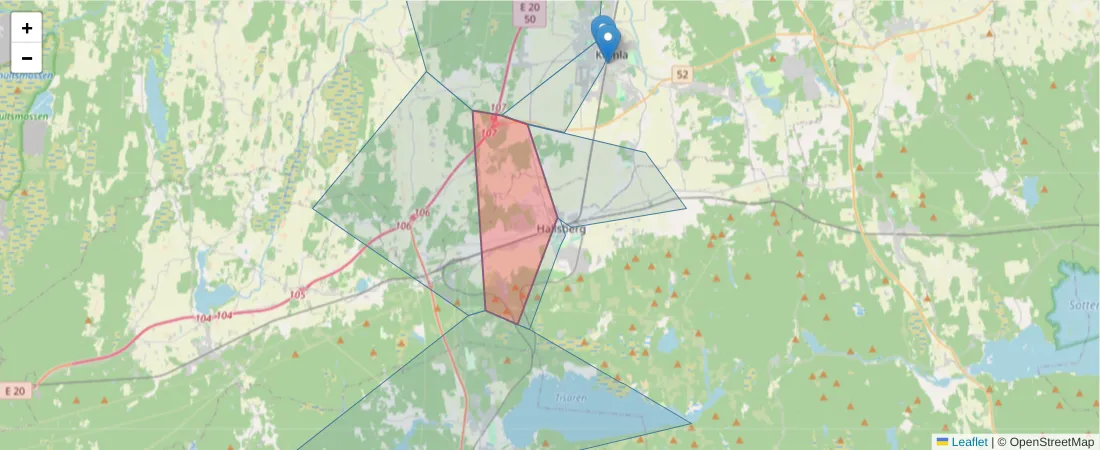 Karta över postnummerområdet  och angränsande postnummer i Sverige
