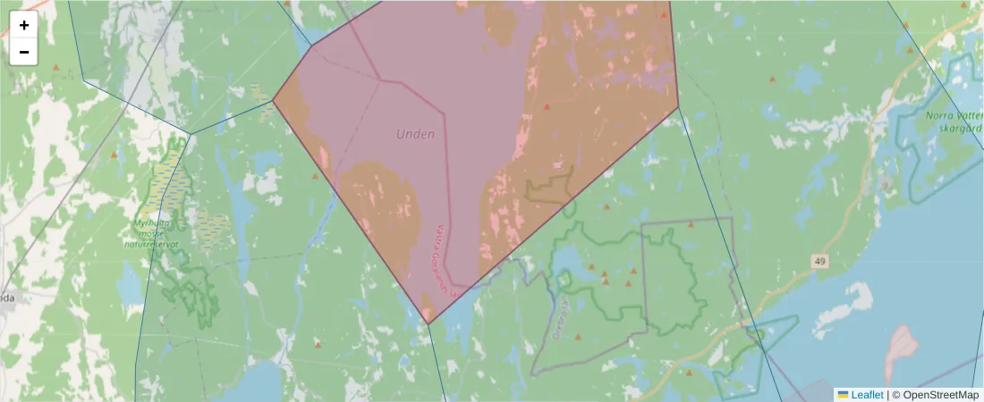 Karta över postnummerområdet  och angränsande postnummer i Sverige