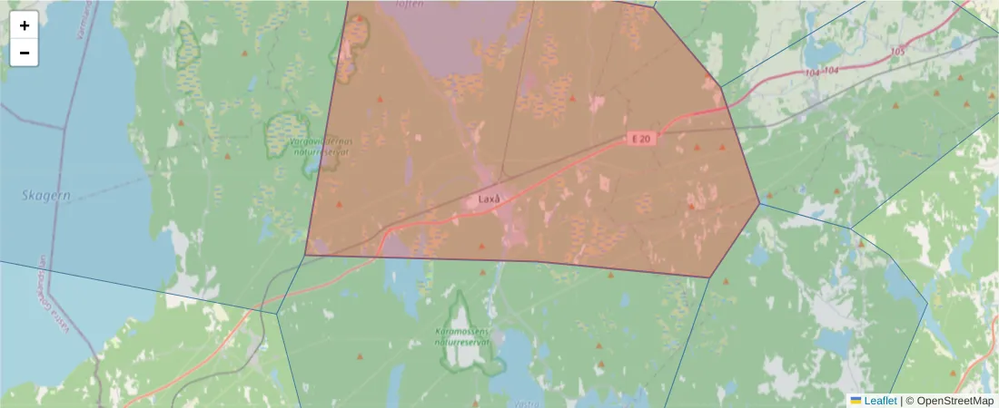Karta över postnummerområdet  och angränsande postnummer i Sverige