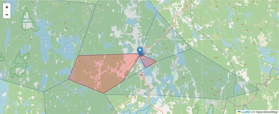 Karta över postnummerområdet  och angränsande postnummer i Sverige