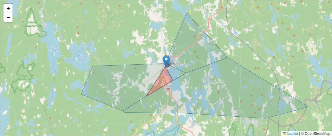 Karta över postnummerområdet  och angränsande postnummer i Sverige