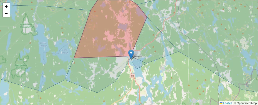 Karta över postnummerområdet  och angränsande postnummer i Sverige