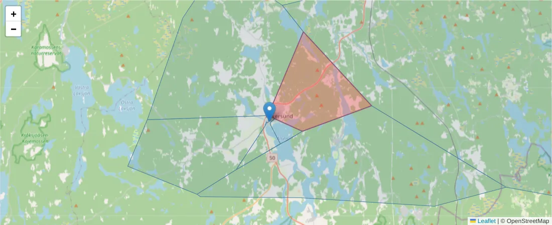 Karta över postnummerområdet  och angränsande postnummer i Sverige