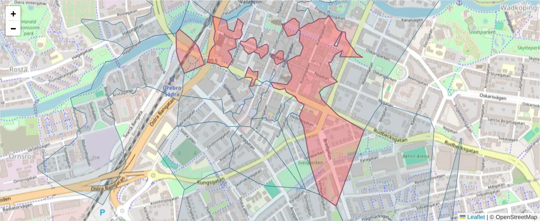 Karta över postnummerområdet  och angränsande postnummer i Sverige