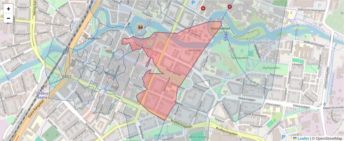Karta över postnummerområdet  och angränsande postnummer i Sverige