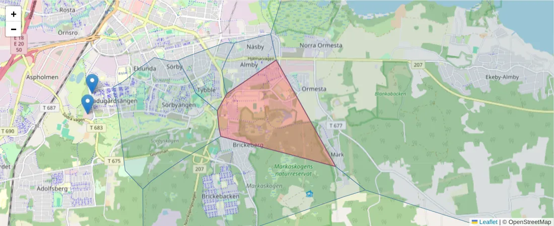 Karta över postnummerområdet  och angränsande postnummer i Sverige