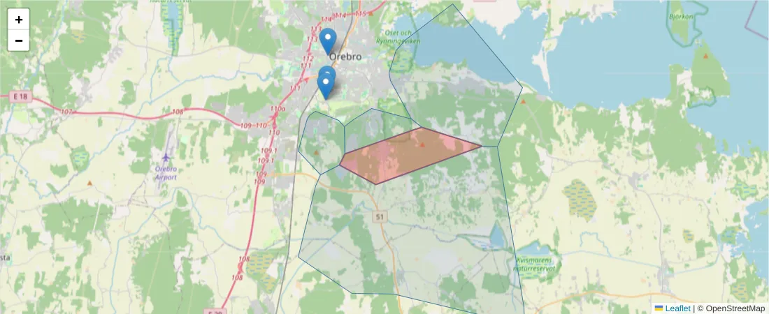 Karta över postnummerområdet  och angränsande postnummer i Sverige