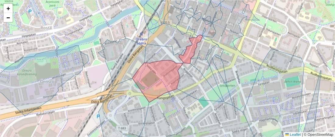 Karta över postnummerområdet  och angränsande postnummer i Sverige
