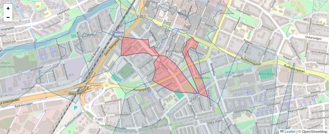 Karta över postnummerområdet  och angränsande postnummer i Sverige