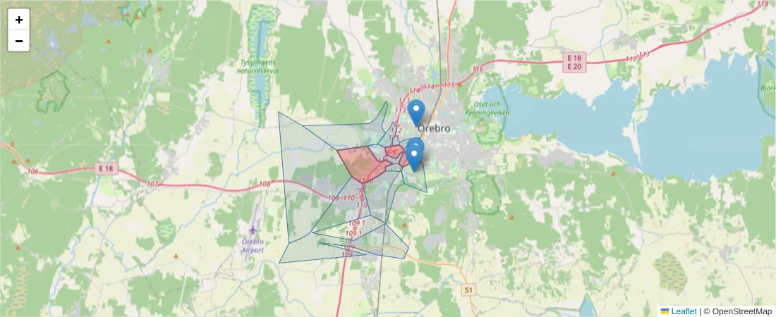 Karta över postnummerområdet  och angränsande postnummer i Sverige