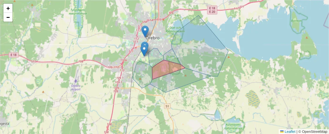 Karta över postnummerområdet  och angränsande postnummer i Sverige