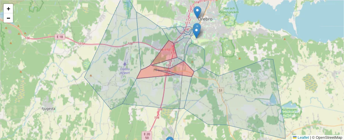 Karta över postnummerområdet  och angränsande postnummer i Sverige