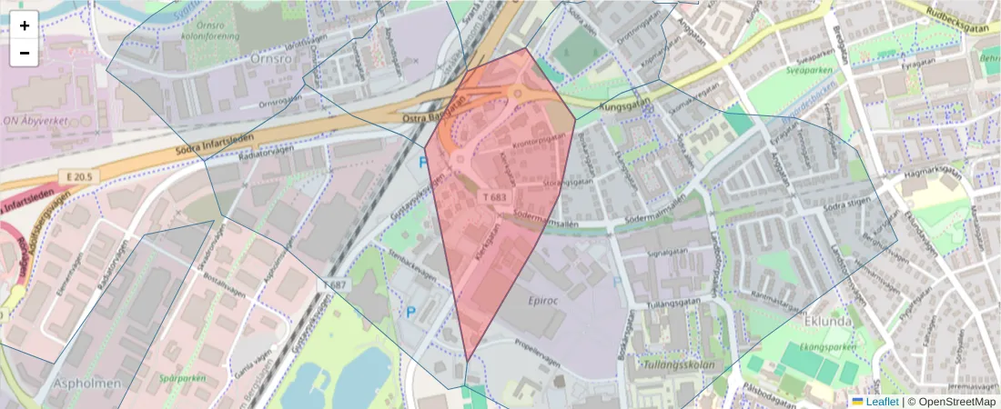 Karta över postnummerområdet  och angränsande postnummer i Sverige