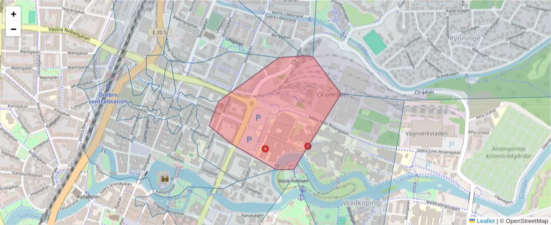 Karta över postnummerområdet  och angränsande postnummer i Sverige