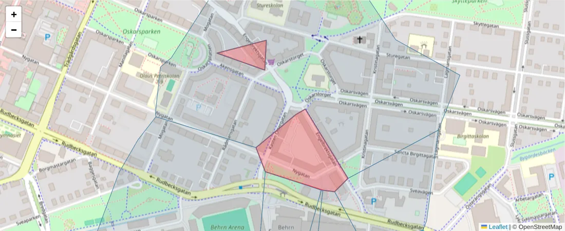Karta över postnummerområdet  och angränsande postnummer i Sverige