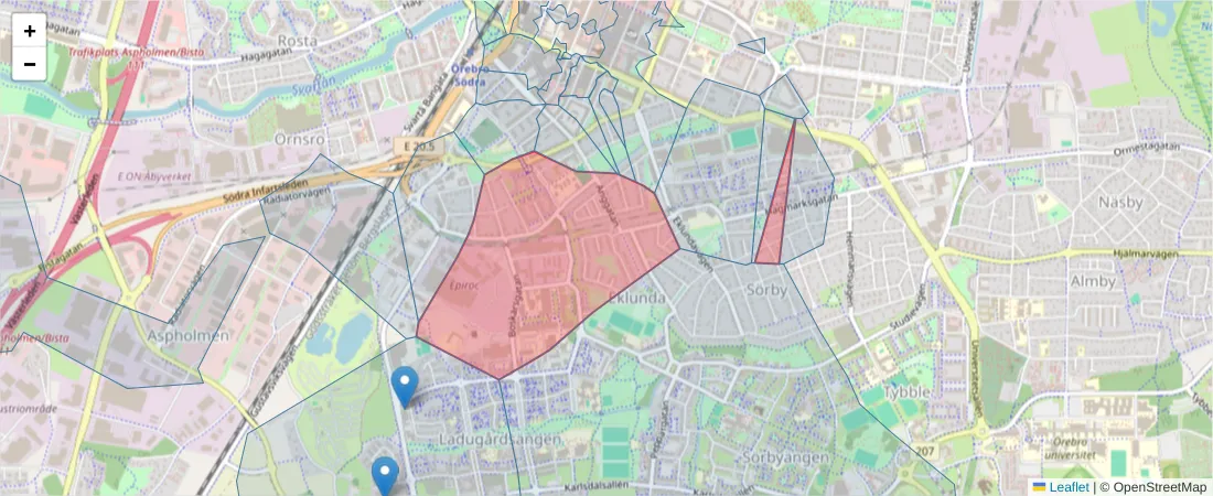 Karta över postnummerområdet  och angränsande postnummer i Sverige