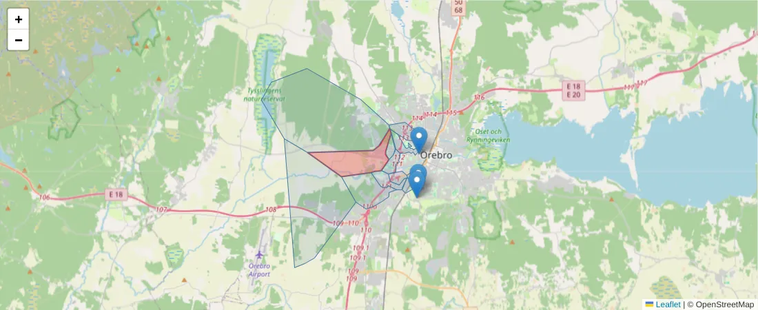 Karta över postnummerområdet  och angränsande postnummer i Sverige