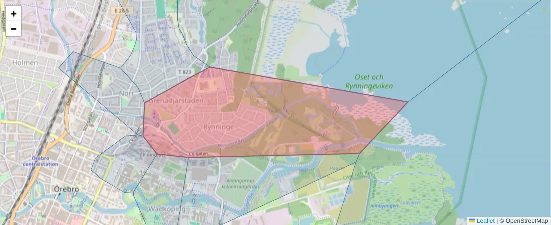 Karta över postnummerområdet  och angränsande postnummer i Sverige