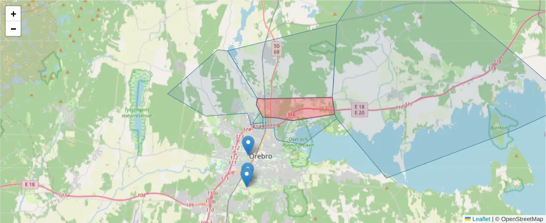 Karta över postnummerområdet  och angränsande postnummer i Sverige
