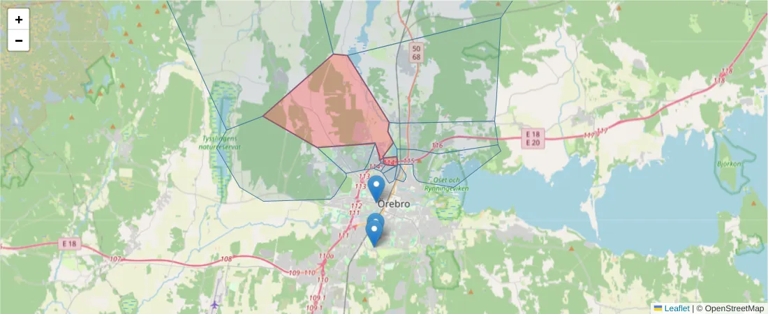 Karta över postnummerområdet  och angränsande postnummer i Sverige