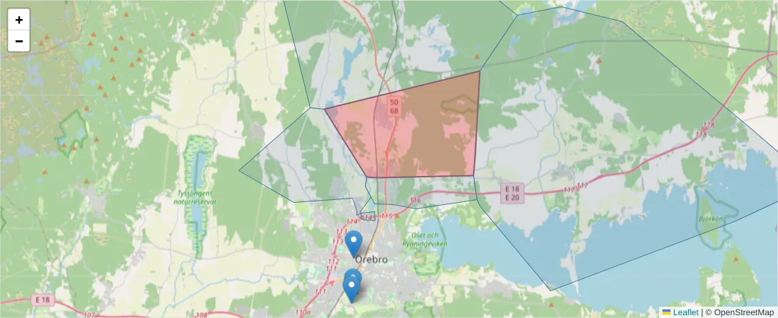Karta över postnummerområdet  och angränsande postnummer i Sverige