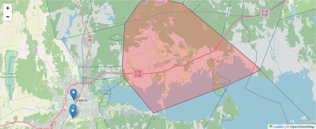 Karta över postnummerområdet  och angränsande postnummer i Sverige