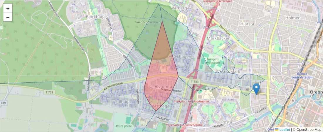 Karta över postnummerområdet  och angränsande postnummer i Sverige