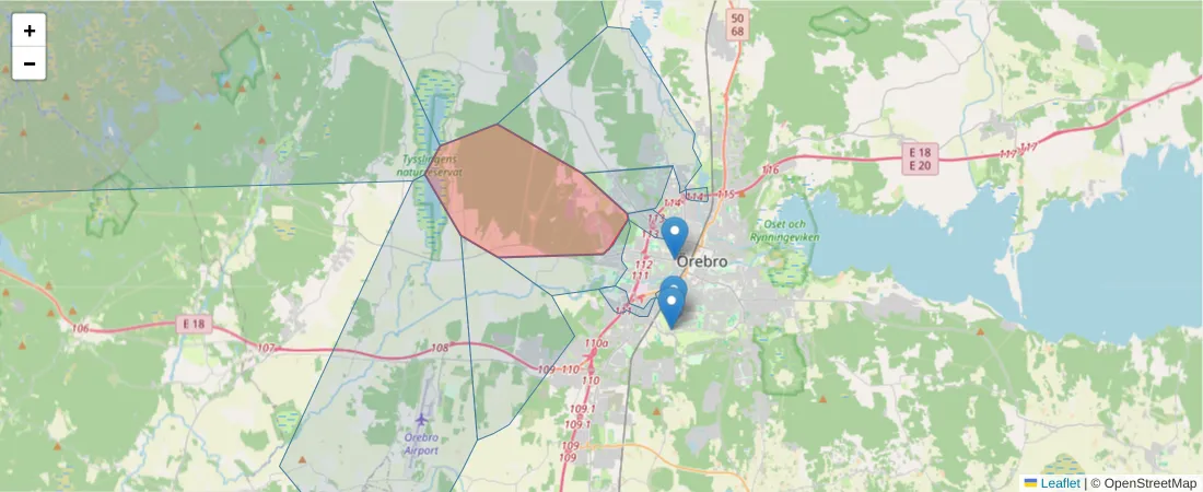 Karta över postnummerområdet  och angränsande postnummer i Sverige