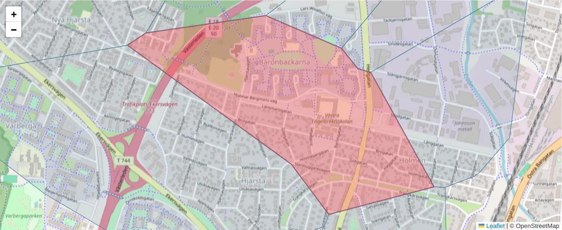 Karta över postnummerområdet  och angränsande postnummer i Sverige