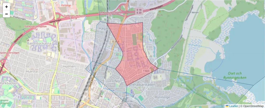 Karta över postnummerområdet  och angränsande postnummer i Sverige