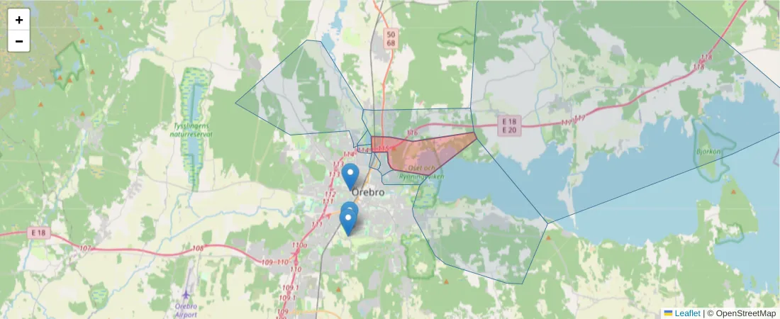Karta över postnummerområdet  och angränsande postnummer i Sverige