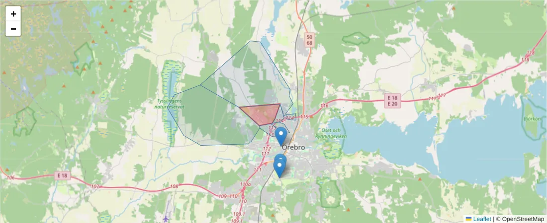 Karta över postnummerområdet  och angränsande postnummer i Sverige
