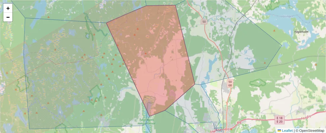 Karta över postnummerområdet  och angränsande postnummer i Sverige
