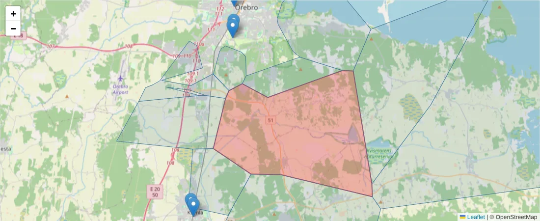 Karta över postnummerområdet  och angränsande postnummer i Sverige