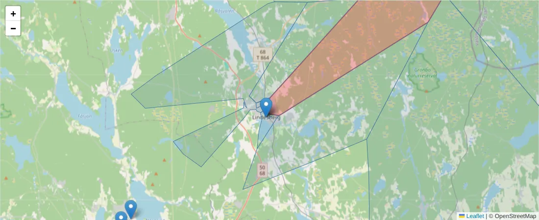 Karta över postnummerområdet  och angränsande postnummer i Sverige